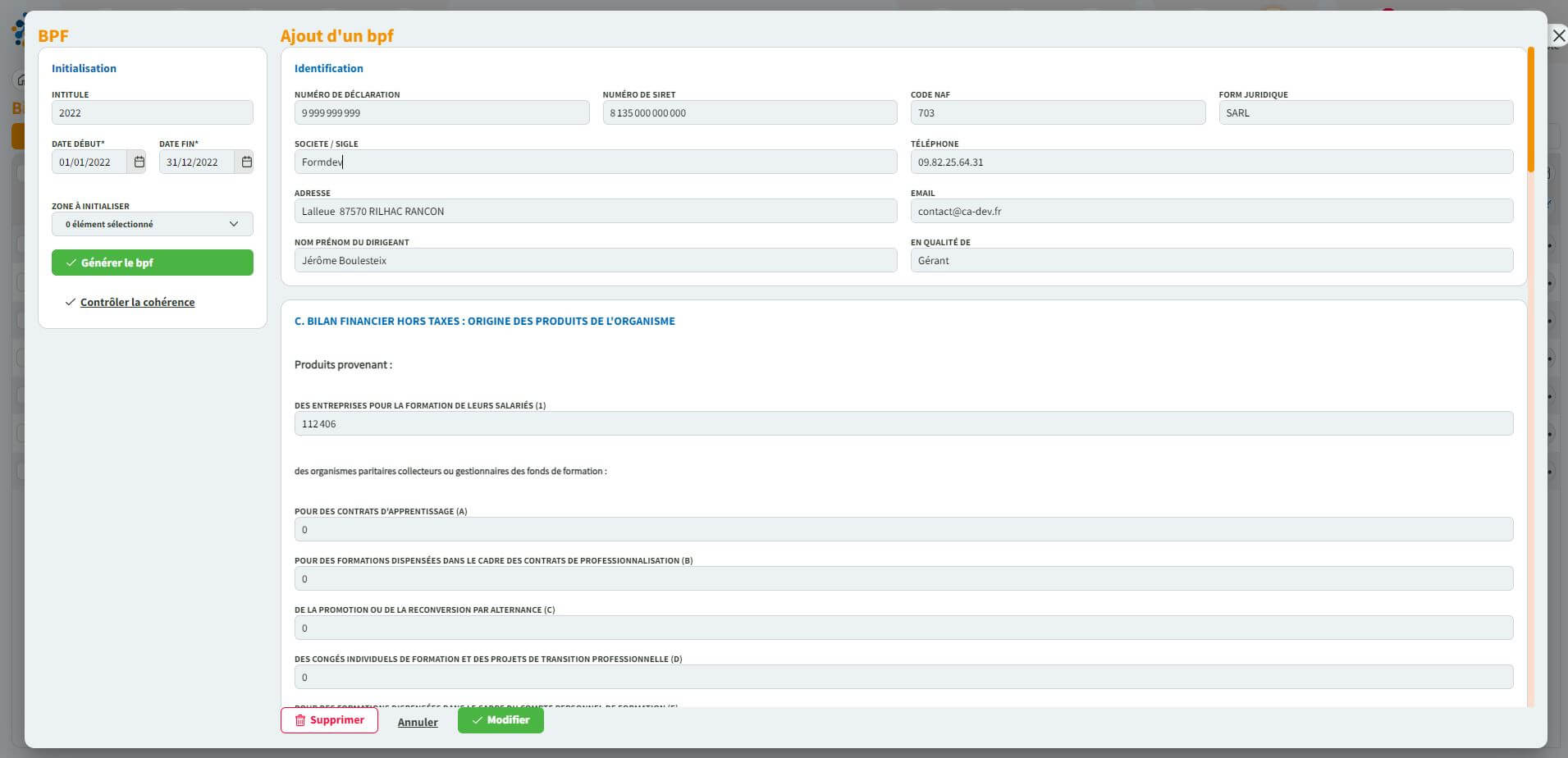 Bilan pédagogique et financier - Comptabilité et gestion centre de formation FormDev