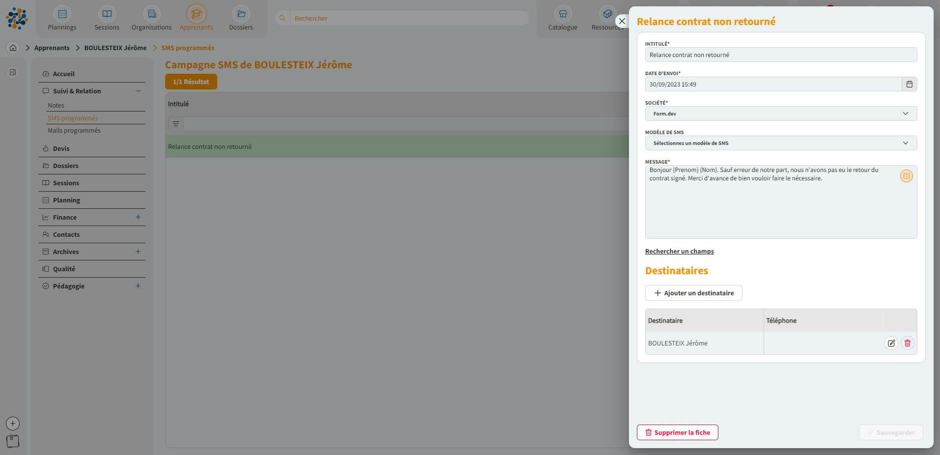 Envoyez vos sms dans Formdev