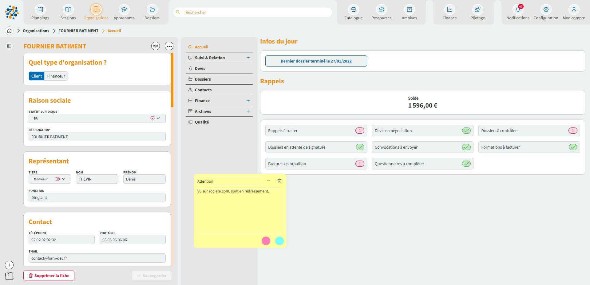 Tableau de bord Formdev pour la gestion clients