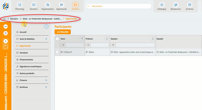 Fil d'Ariane affiché dans l'interface de l'application